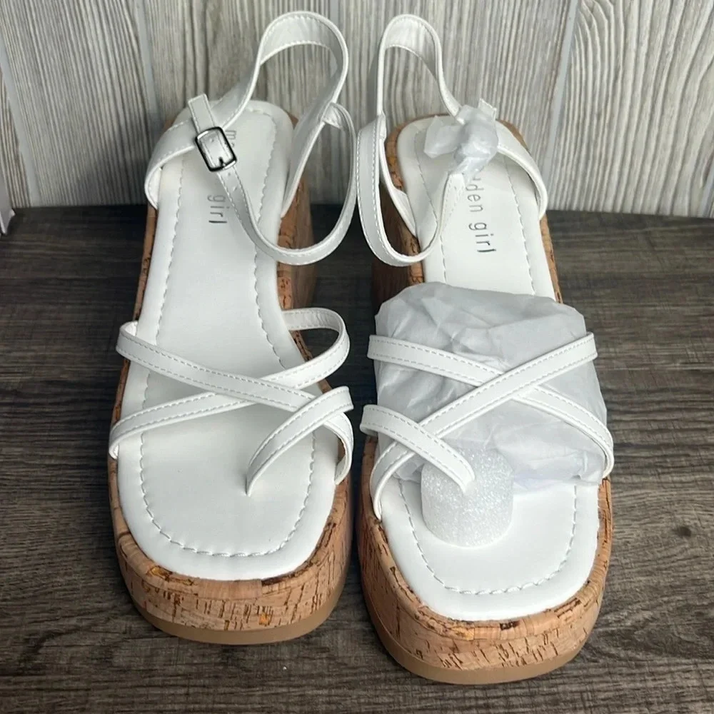 New! Madden Girl White Volt Cork Wedge Strappy Sandals Wedges Women’s Size 8.5